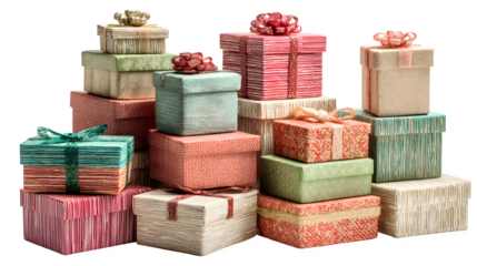 Christmas gift boxes in multiple colors and textures arranged in stack isolated on white background