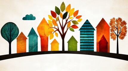 Charming Autumnal Village with Colorful Pixelated Houses and Trees