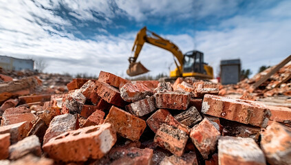Fototapeta premium Excavator lifting debris at a construction site surrounded by piles of bricks under a blue sky.