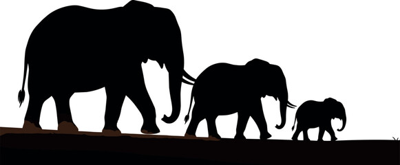 Elephant silhouettes walking in size order, family progression wildlife vector illustration for decor, logo, editorial, tattoo, and nature-themed design use