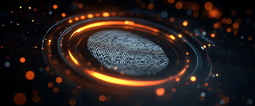Abstract technology background with a fingerprint design in glowing light, symbolizing security and identity.