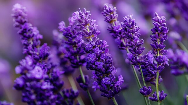 Detailed view of vibrant purple lavender blooms representing relaxation and healing ideal for aromatherapy spa beauty and wellness themes