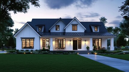 Obraz premium Modern farmhouse exterior at dusk; landscaping, driveway