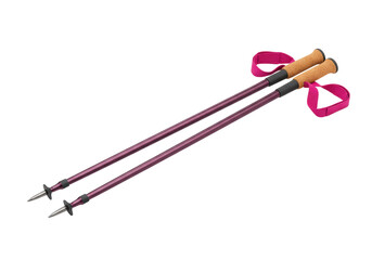 Isolated pair of walking poles for hiking and trekking on mountain trails during summer season