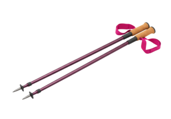 Isolated pair of walking poles for hiking and trekking on mountain trails during summer season