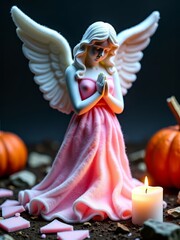 Pink angel statue with wings candle and pumpkins