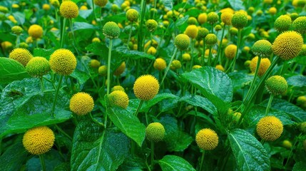 Detailed view of Spilanthes acmella or toothache plant featuring yellow cone shaped blooms and rich green leaves a colorful and distinctive plant setting