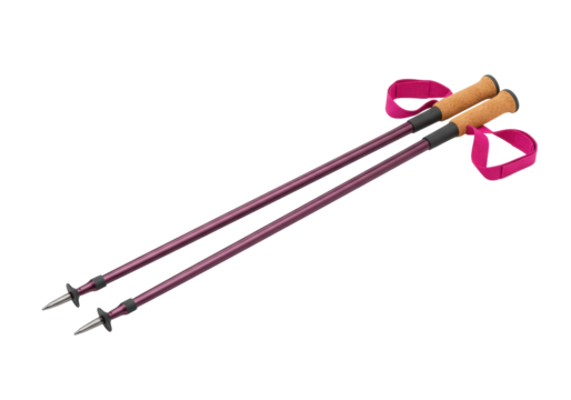 Isolated pair of walking poles for hiking and trekking on mountain trails during summer season