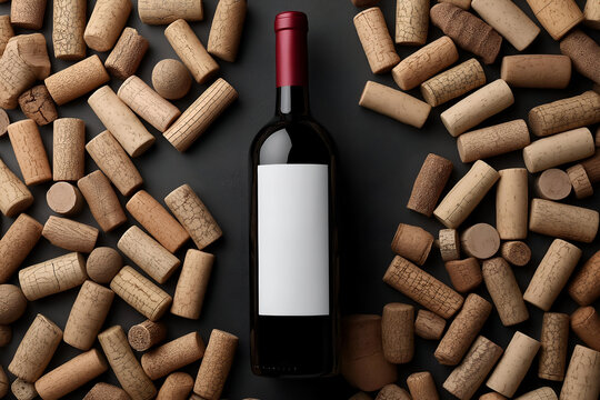 A stunning arrangement of a wine bottle surrounded by various corks, perfect for beverage-themed projects.