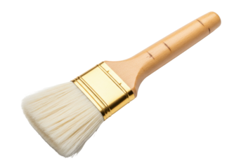 Isolated artist paint brush with golden metal trim and wooden handle, art supply, creative work