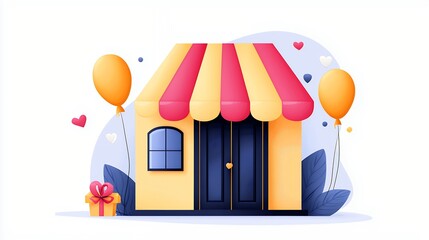 Cheerful Yellow Shop Illustration with Balloons and Gift