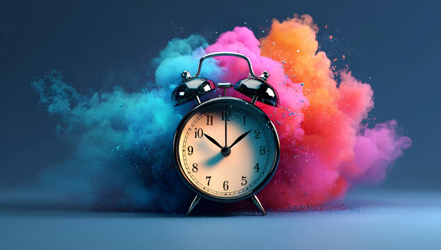 A vibrant alarm clock surrounded by colorful smoke, symbolizing the passage of time and creativity.