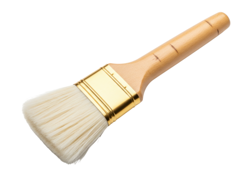 Isolated artist paint brush with golden metal trim and wooden handle, art supply, creative work