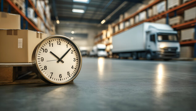 A clock sits on the floor of a warehouse, symbolizing time management in logistics and transportation.