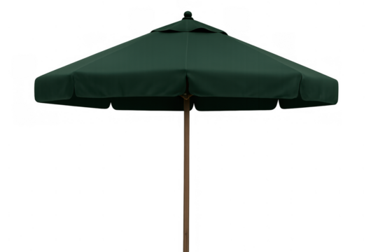 Green garden patio umbrella providing outdoor shade from the sun. Isolated object with a wooden pole