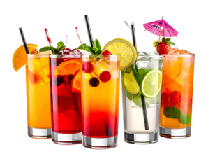 Group of vibrant cocktails, garnished with fruit and straws, against a black background
