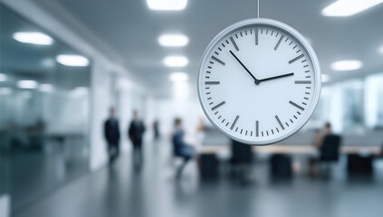 Close-up of a modern wall clock in a blurred office setting, indicating the passage of time within a busy workspace.