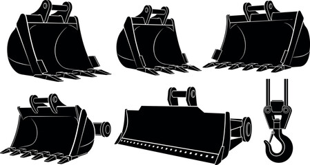 Excavator attachment icon set, cartoon digging bucket, grading blade, and lifting hook illustration, vector construction equipment concept, black and white graphic