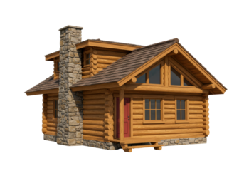 Isolated log cabin building with stone chimney and brown roof for real estate designs