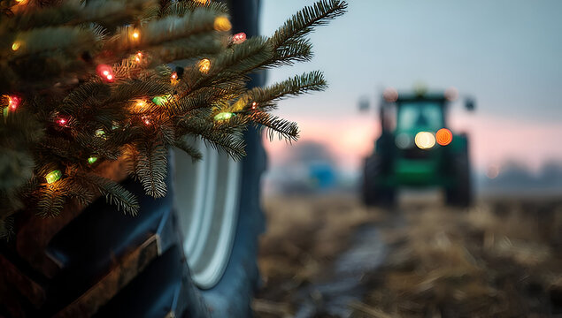 A farm tractor in the background, with a Christmas tree adorned with lights in focus, merging agriculture and festivity.