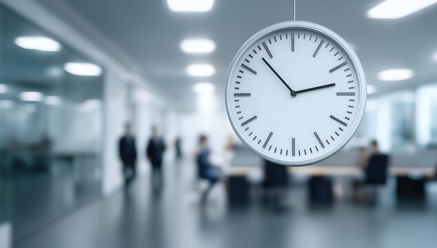 Close-up of a modern wall clock in a blurred office setting, indicating the passage of time within a busy workspace.