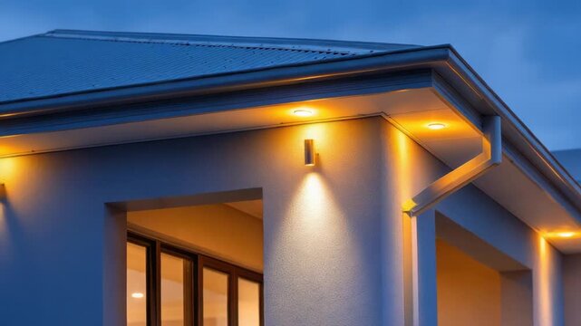 Exterior of a modern building at dusk with illuminated soffit lights, and a wall fixture