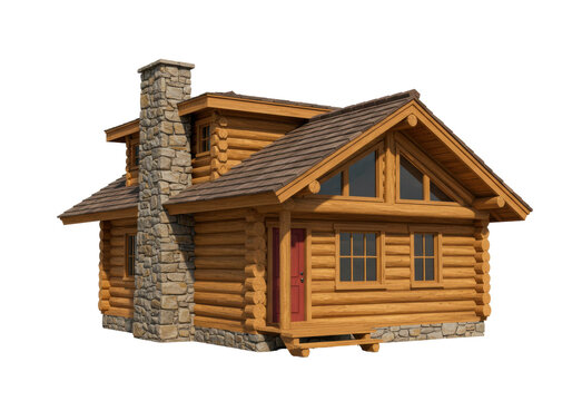 Isolated log cabin building with stone chimney and brown roof for real estate designs