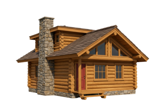 Isolated log cabin building with stone chimney and brown roof for real estate designs