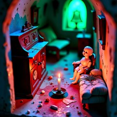 Haunted dollhouse with candle and creepy doll