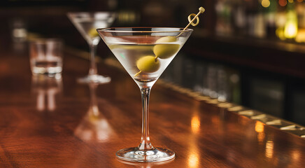 Classic Martini Cocktail: A close-up shot of a sophisticated martini, adorned with green olives, resting elegantly on a wooden bar.  The essence of refined taste.
