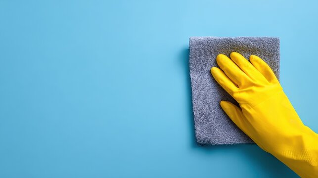 A yellow rubber glove grips a dry rag against a blue backdrop with a body part emerging from a paper hole