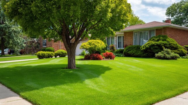 A lush newly cut lawn with a central tree situated in a front yard of a brick home and landscaped shrubs