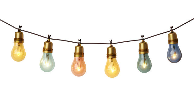 Christmas string lights with colorful glowing bulbs isolated on white background
