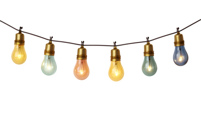 Christmas string lights with colorful glowing bulbs isolated on white background