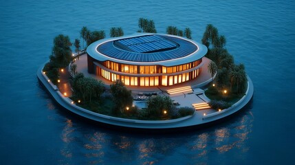Circular Modern Island House at Night with Solar Panels