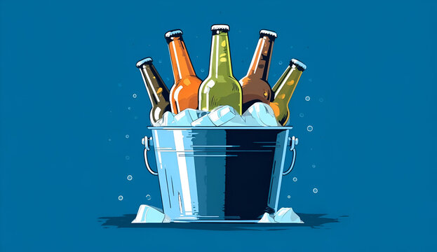 Colorful bottles in an ice-filled bucket, perfect for refreshing summer gatherings and parties.