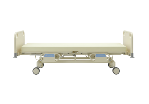 Isolated adjustable hospital bed with headboard and footboard on its rolling cart base