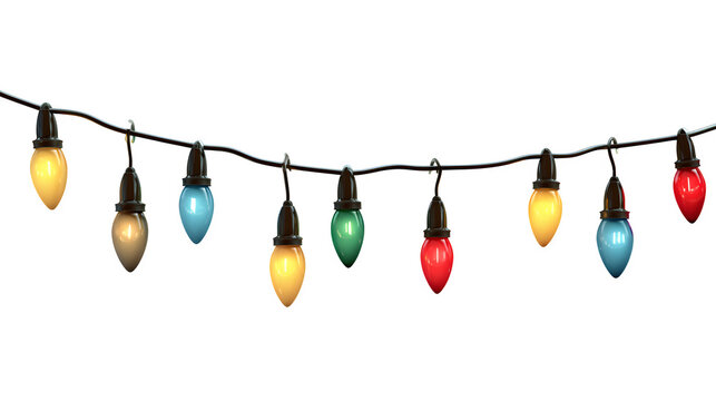 Christmas string lights with colorful glowing bulbs isolated on white background