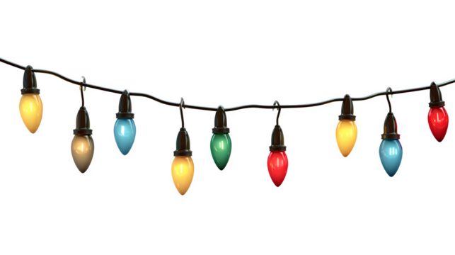 Christmas string lights with colorful glowing bulbs isolated on white background