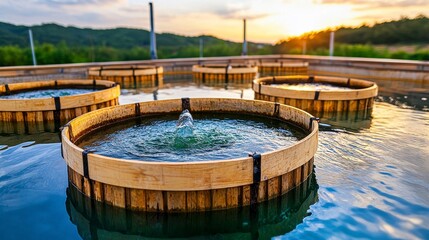 Circular Wooden Water Treatment Basins at Sunset