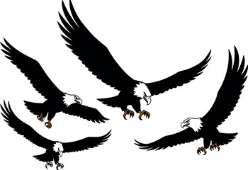 Flying bald eagle silhouettes with extended talons, dramatic wildlife vector illustration for logo, decor, editorial, tattoo, and patriotic design use