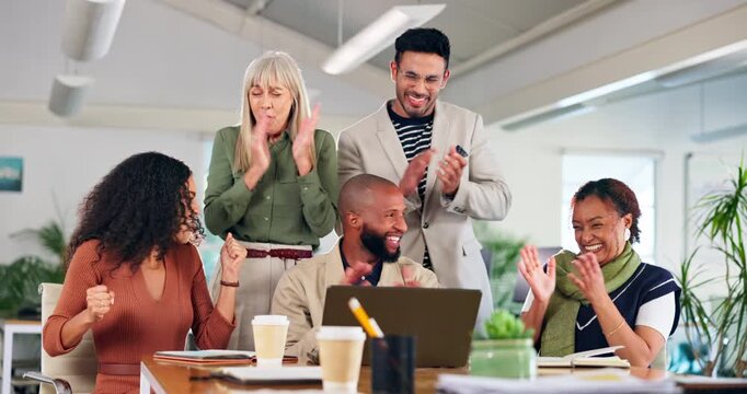 Applause, computer and business people in office for promotion, success and support with high five. Collaboration, men and women happy while clapping hands for teamwork, celebration and well done