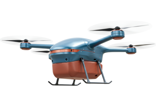 Isolated blue and brown drone with propeller for delivery, surveying and military use