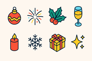 Festive Icon Collection. Seasonal Celebration Joy modern flat icon set: Christmas ornament, fireworks burst, holly leaf, champagne flute, candle, snowflake, gift box, sparkle.