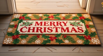 Festive merry christmas doormat with holly and snowflakes welcomes holiday cheer home