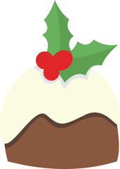 Christmas pudding illustration with creamy white icing, glossy glaze, and a fresh holly sprig with red berries on top. dessert icon in minimalist vector style for holiday menus