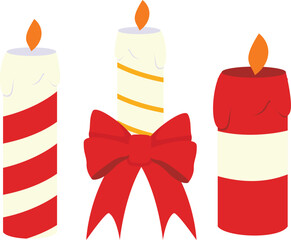 set of christmas candles. Trio of festive candles two red and white striped pillars and one solid red, each lit with warm flame, central candle tied with a big ribbon bow