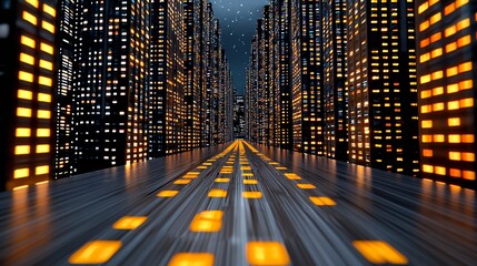 Cityscape at Night with Illuminated Buildings and Amber Road Lights