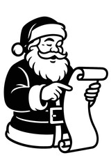 Jolly Santa Claus illustration, meticulously reviewing his iconic Naughty or Nice List with a focused expression, pointing to an item on the lengthy scroll.