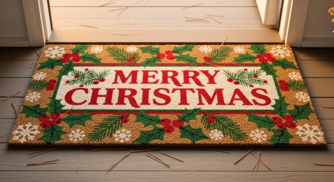 Festive merry christmas doormat with holly and snowflakes welcomes holiday cheer home